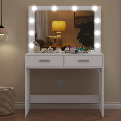 FIONESO Vanity Desk with Large Mirror, Makeup Vanity Table with Power Strip, 10 Lights & 2 Drawers, Dressing Table Set with 3 Lighting Color Adjustable for Women and Girls, Bedroom, White