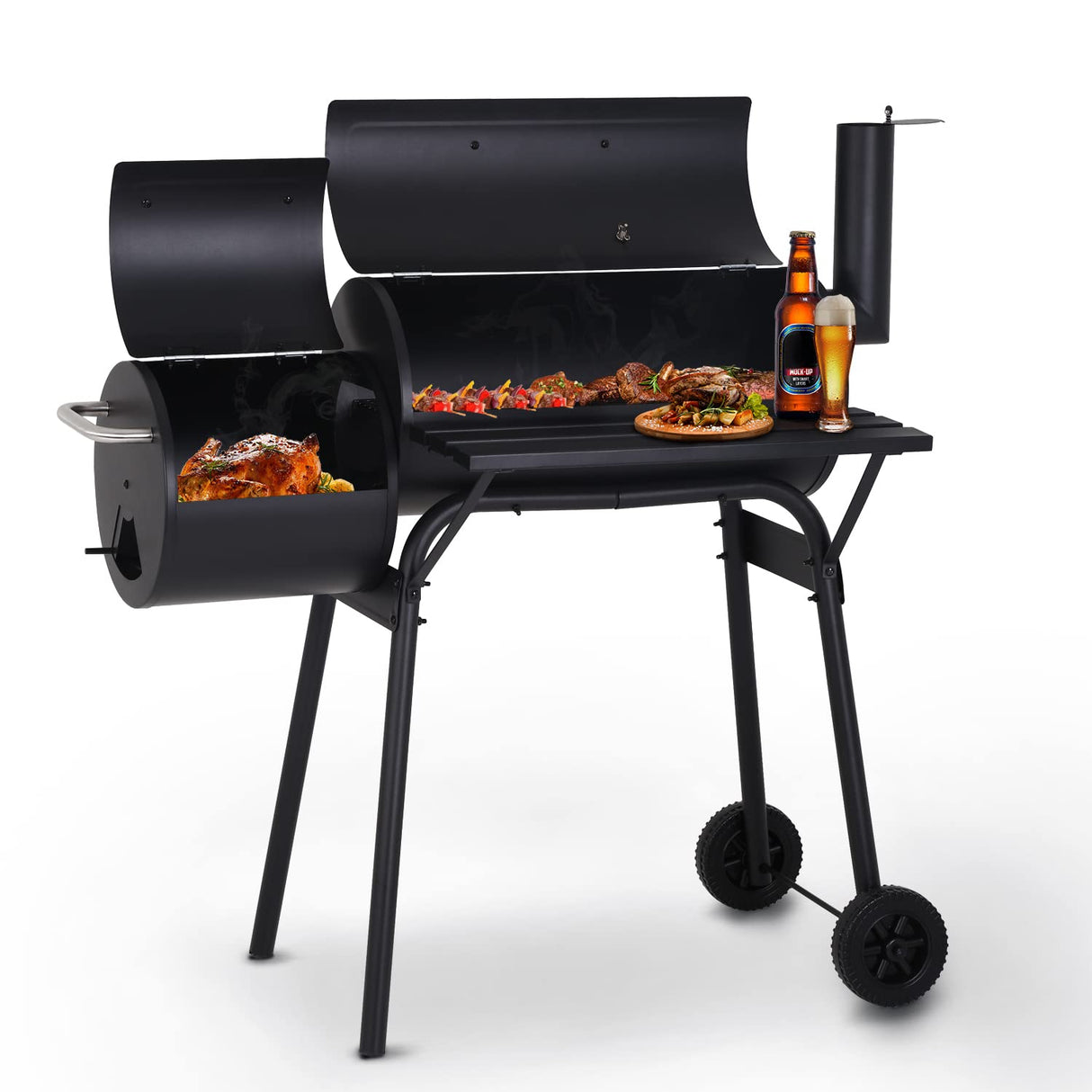 Charcoal Grills Outdoor BBQ Grill Offset Smoker with Wheels Side Fire Box Portable Barbecure Grill for Outdoor Cooking Backyard Camping Picnics,Black NChanmar