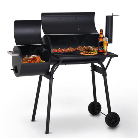Charcoal Grills Outdoor BBQ Grill Offset Smoker with Wheels Side Fire Box Portable Barbecure Grill for Outdoor Cooking Backyard Camping Picnics,Black NChanmar