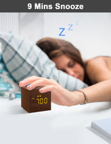 Digital Alarm Clock, with Wooden Electronic LED Time Display, 3 Alarm, 2.5-inch Cubic Small Mini Wood Made Electric Clocks for Bedroom, Bedside, Desk, Brown JALL