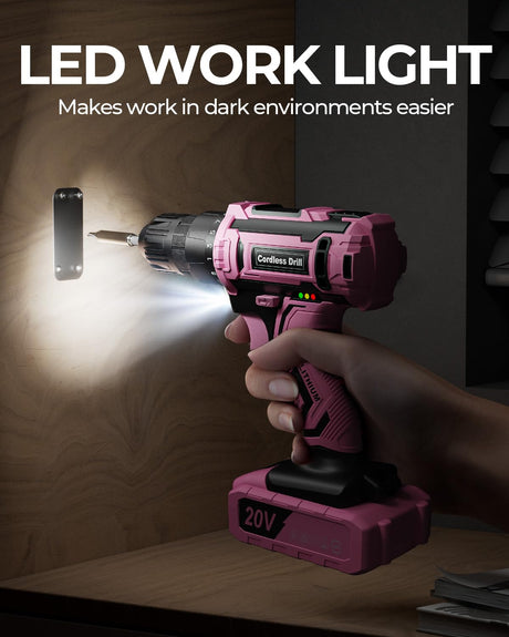 Pink Cordless Drill Set, 20V Electric Power Drill for Women, Lightweight Electric Screwdriver Driver with Battery & Charger, 3/8" Keyless Chuck, Womens Tool Kit for House VIWKO