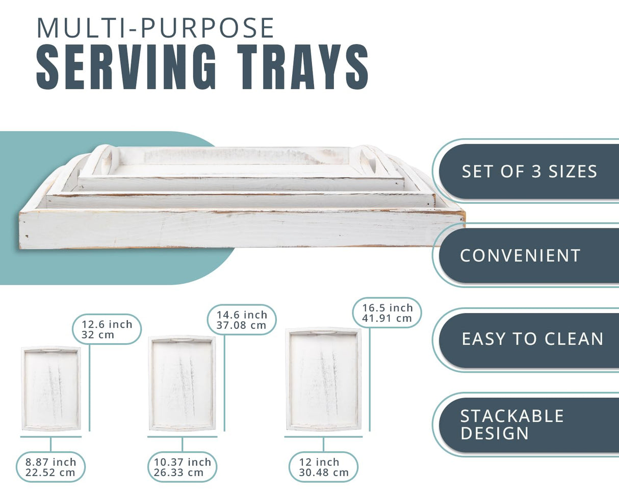 Serving Trays Set of 3 - Ottoman Wood Trays for Entertainment, Food and Décor - Rustic Farmhouse Distressed Wood Finish - Solid White Comfify