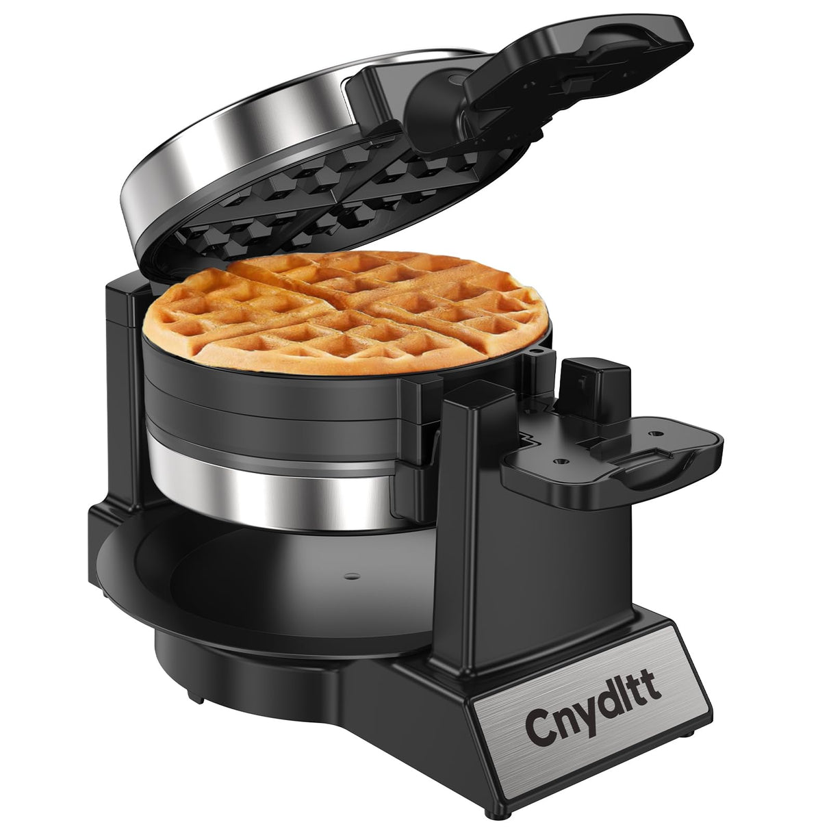 Cnydltt Double Waffle Maker, 1400W Rotating Belgian Waffle Iron with Nonstick Plates, 180° Flip, 8-Slice, Removable Drip Tray, Locking Lid & Cool Touch Handles, Stainless, Black Cnydltt