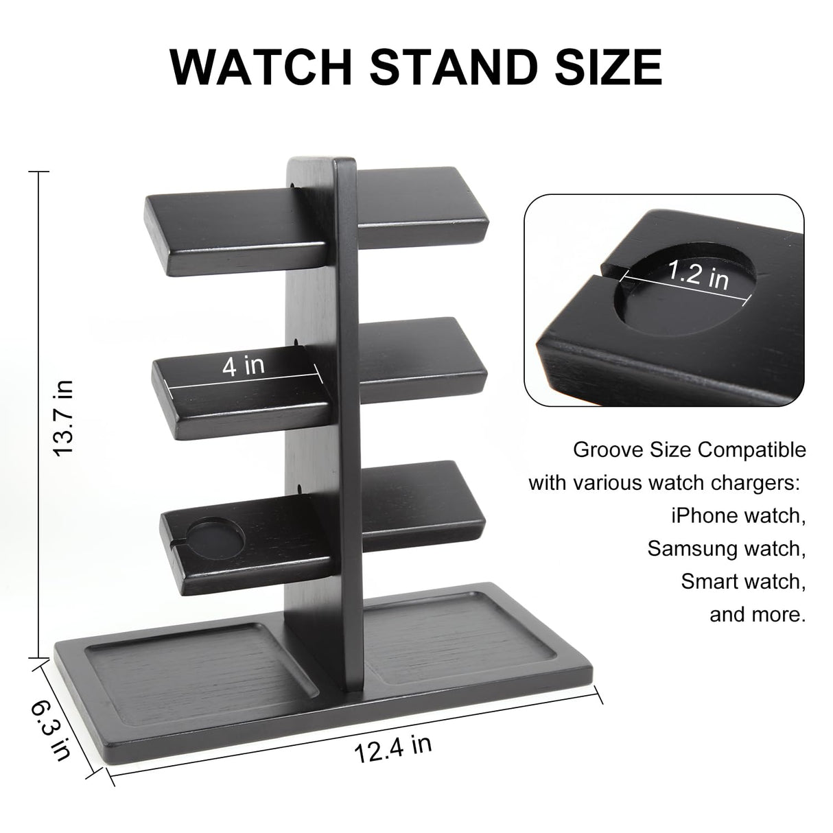 Xnwouco Watch Stand for Men, Watch Display Stand with Charger Groove, Wooden Watch Holder Stand, Jewelry Holder Organizer for Rings, Jewelry, Coins Bracelets, Great Gifts for Men Women, Black Xnwouco