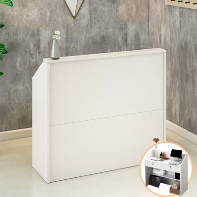 Reception Desk with Counter, Modern Front Desk with Lockable Drawers, White Retail Counter for Checkout Salon, Lobby, Store, Small Wood Cashier Table with Cable Grommet (White, 31x 14 x 36 inches)