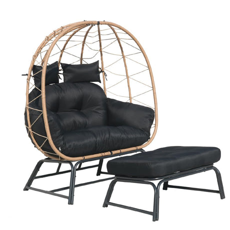 Frxeyaliz Outdoor Double Egg Chair w/Ottoman PE Rattan Wicker Papasan Chair w/Cushion for Patio Bedroom Living Room Balcony Backyard Frxeyaliz