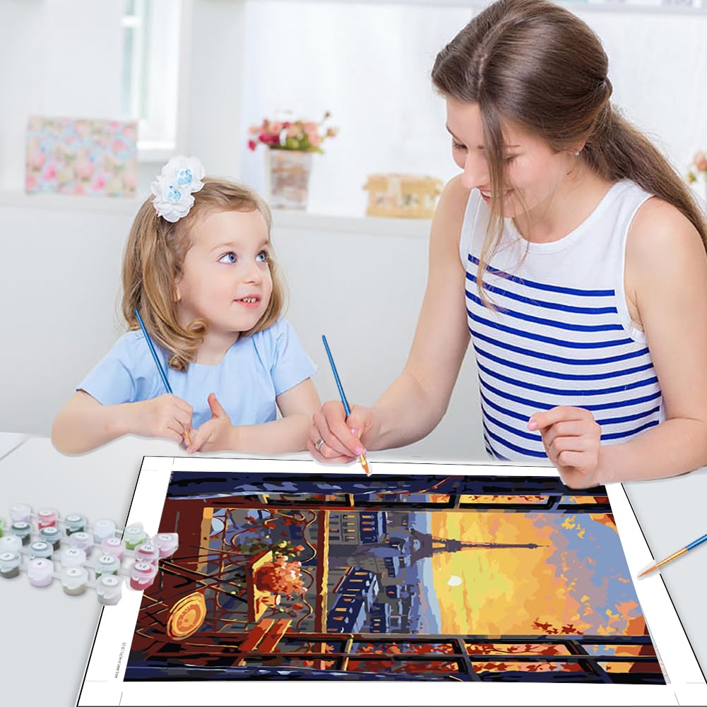 JUJUHOOD Romantic View Paris from Window Paint by Numbers Kit for Adults,Eiffel Tower Adult Paint by Number Kits,DIY Acrylic Paint by Number on Canvas for Home Wall Decor 16X20 Inch JUJUHOOD
