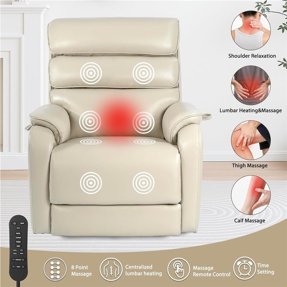 Wide Lay Flat Power Lift Recliner Chair Elderly Heavy Duty Oversized Leather Reclining Sofa Heat and Massage USB Charging Ports Remote Control Adjustable Cream White Living Room Comfortable Seating UOPYNE