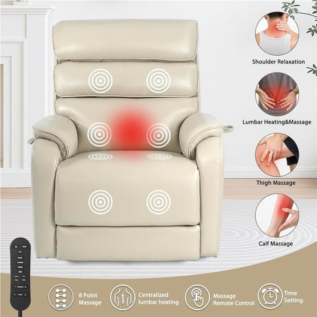 Wide Lay Flat Power Lift Recliner Chair Elderly Heavy Duty Oversized Leather Reclining Sofa Heat and Massage USB Charging Ports Remote Control Adjustable Cream White Living Room Comfortable Seating UOPYNE