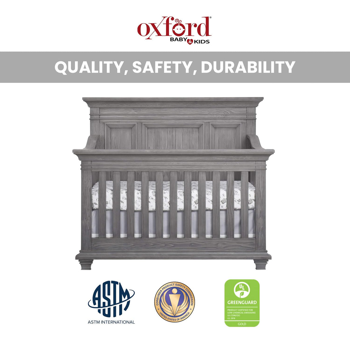 Oxford Baby Westport 4-in-1 Convertible Crib, Dusk Gray, GreenGuard Gold Certified Oxford Baby