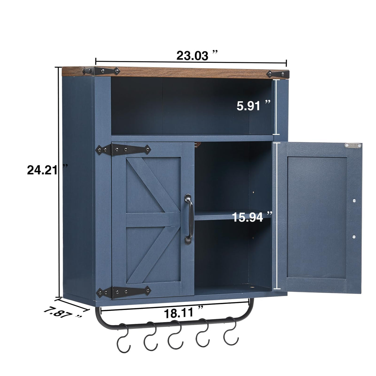 Wnutrees Farmhouse Medicine Cabinet with Two Barn Door, Rustic Wood Wall Cabinet with Adjustable Shelves, Over The Toilet Storage Cabinet with Towel Bar and Hooks for Bathroom, Laundry Room, Blue Wnutrees