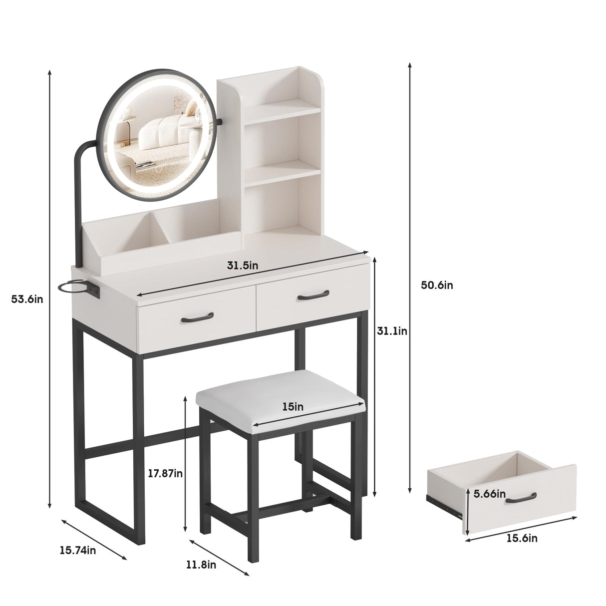 Fameill Makeup Vanity Desk with Lights and Round Mirror, White and Gold Vanity Makeup Table, Small Vanity Set Make Up Vanity with Lots Storage, 3 Lighting Modes, 31.5in(W)… (Traditional) Fameill