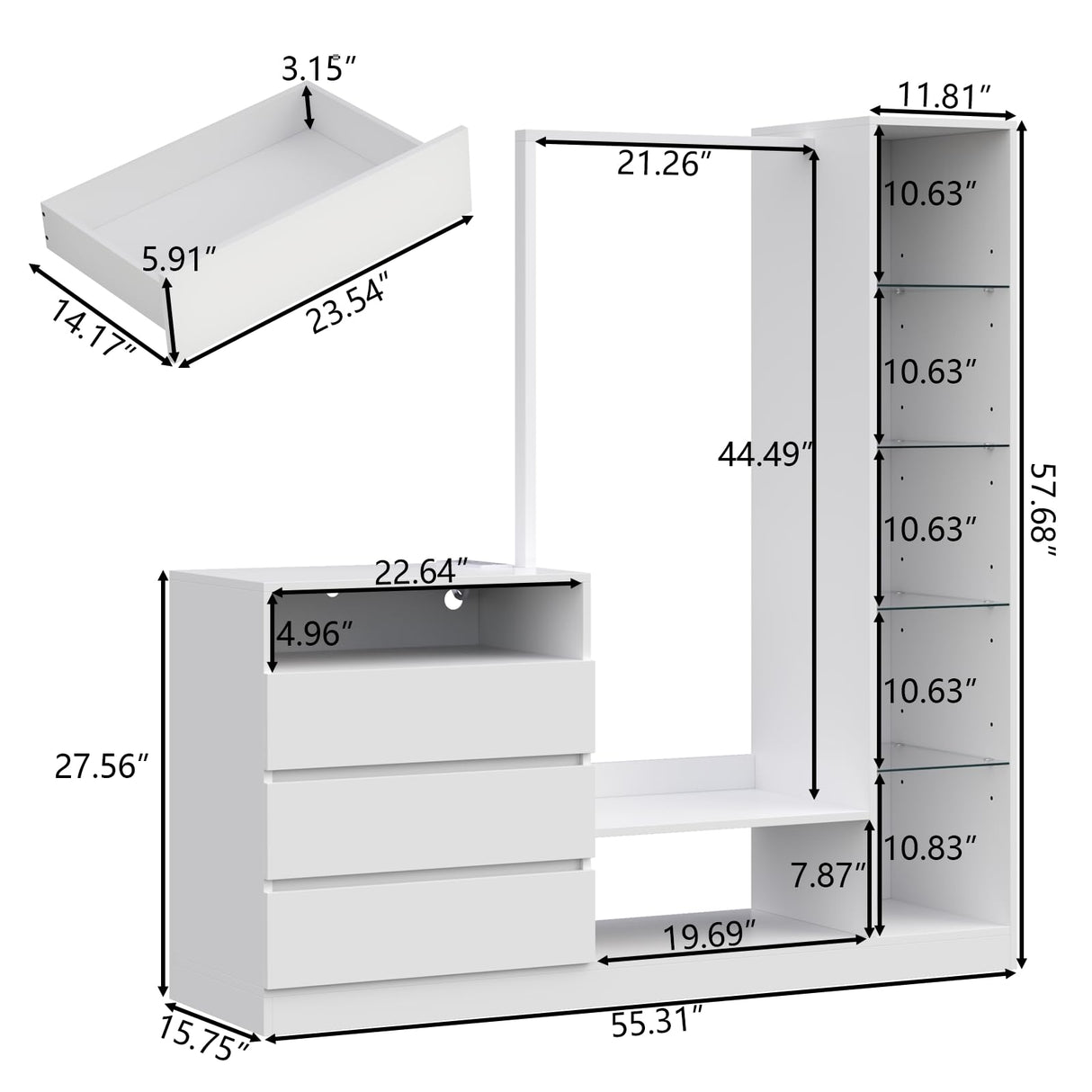 Wardrobe Dresser with Hanging Rack and Drawers - Led Wardrobe Dresser Combo with Charging Station, White Closet Organizers and Storage with Open Shelves, Armoire Clothes Cabinet for Bedroom (White) Auromie