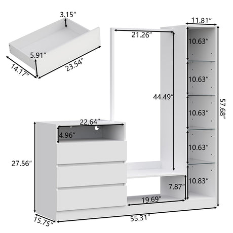 Wardrobe Dresser with Hanging Rack and Drawers - Led Wardrobe Dresser Combo with Charging Station, White Closet Organizers and Storage with Open Shelves, Armoire Clothes Cabinet for Bedroom (White) Auromie