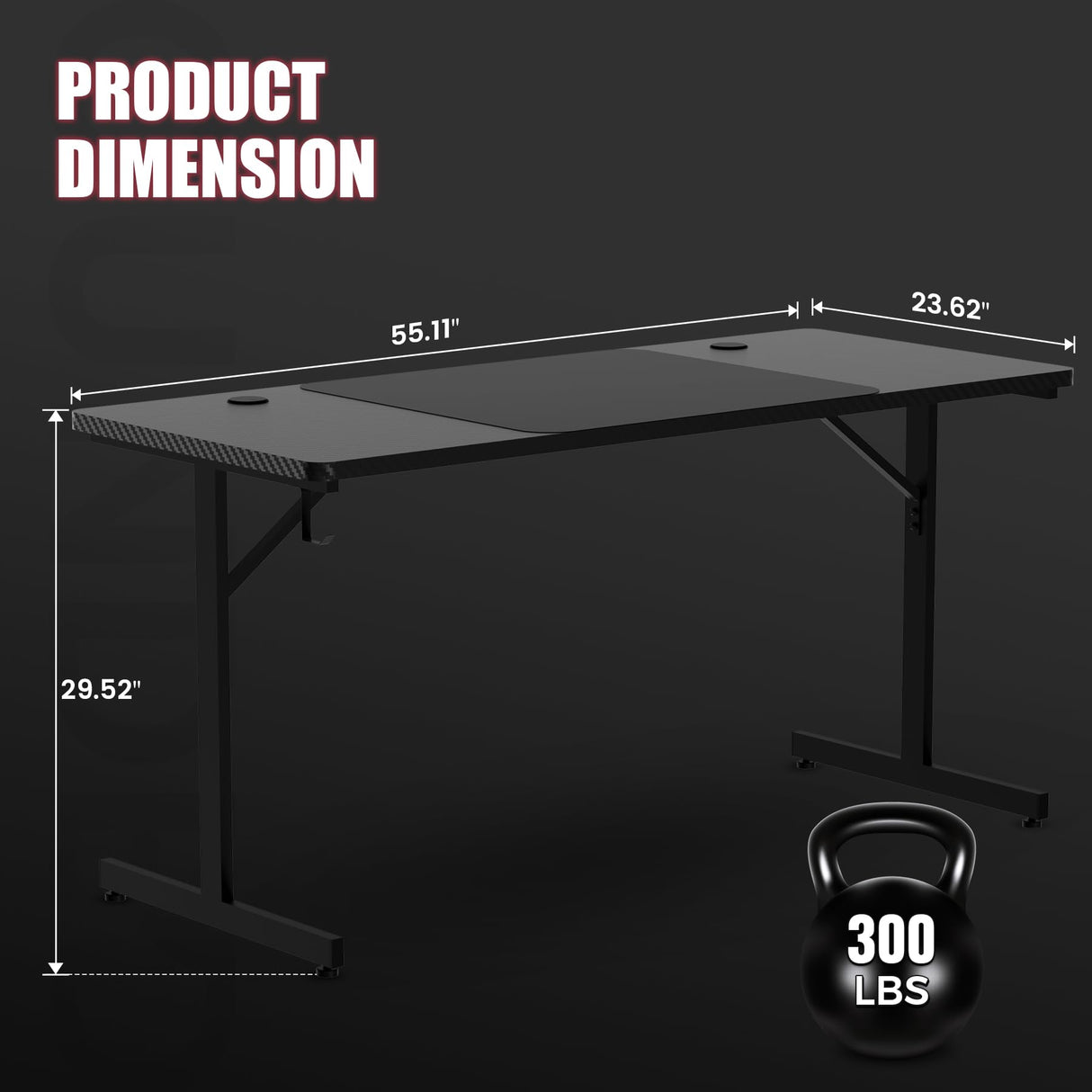 GTRACING Gaming Desk 55 Inch with LED Lights, Large Computer Desk with Mouse Pad for Home Office, T-Shaped Carbon Fibre Surface PC Game Workstations with Headphone Hook, Black GTRACING