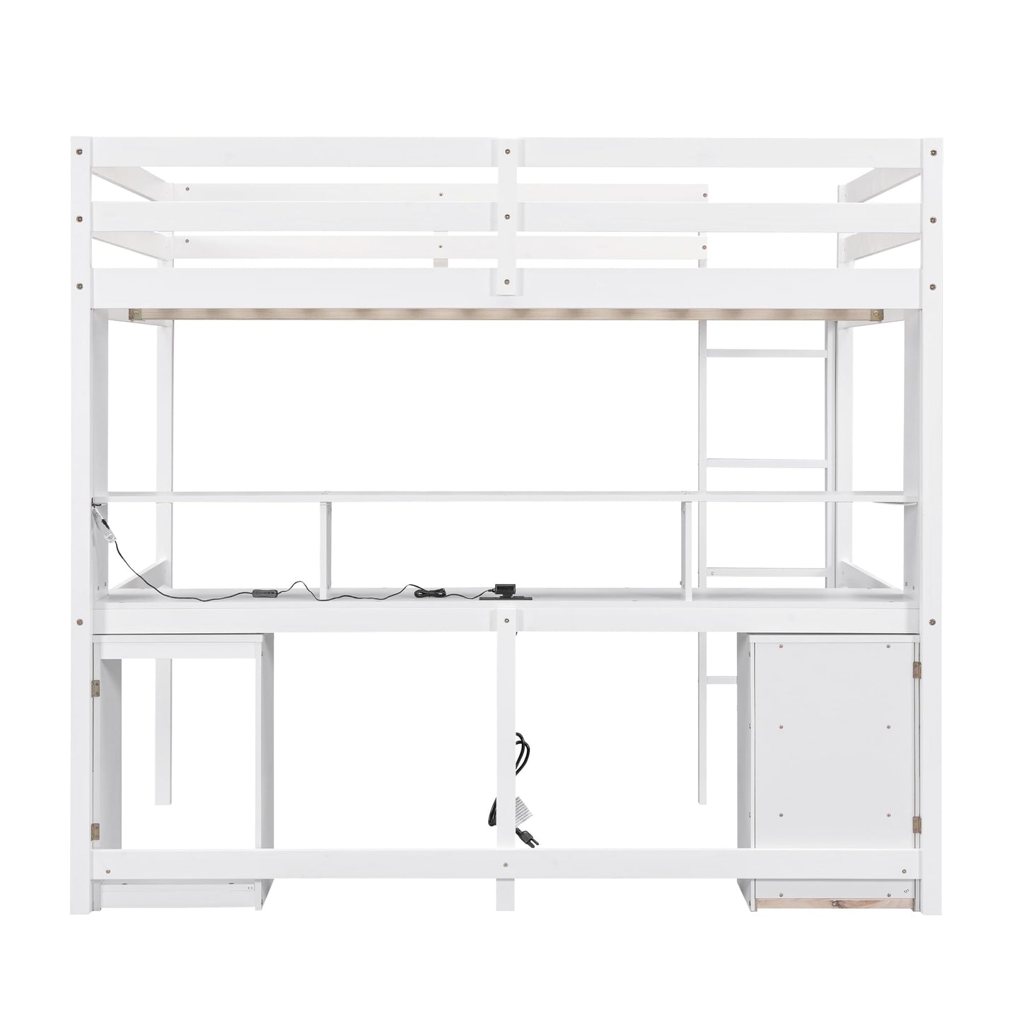 White Full Size Loft Bed with Desk, Storage, LED Lights, and Charging Station - WoodArtSupply