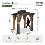 Aoxun 8'x8' Hardtop Gazebo, Aluminum Frame Permanent Pavilion with Curtains and Netting, Outdoor Polycarbonate Double Roof Canopy, Designed for Garden, Lawns, Patio, Brown Aoxun