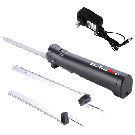 BEHNKE Professional Cordless Rechargeable Electric Knife with 4 Serrated Blades and Safety Lock Trigger Release, Perfect for Carving Meats, Poultry, Bread – Black BEHNKE