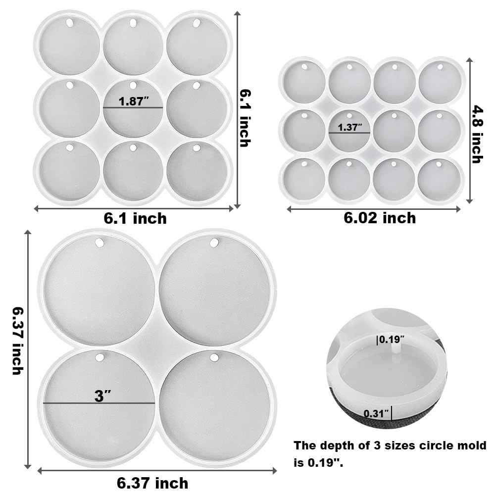RESINWORLD 25-Cavity Set of Large + Medium + Small Shiny Flat Circle Silicone Mold, Drilled Round Earrings Pendant Mold, Keychain Resin Mold, Pet Tag Mold ResinWorld