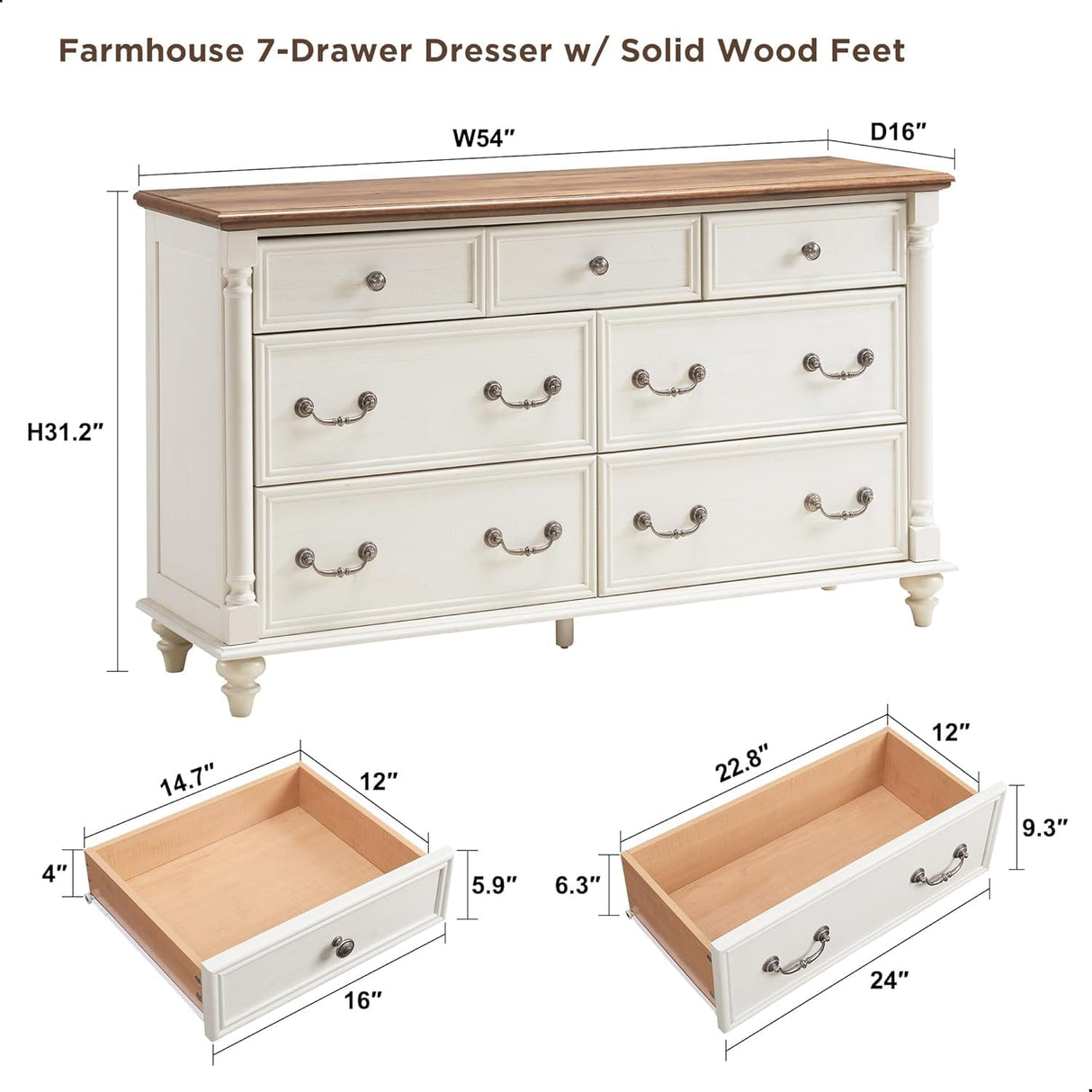 T4TREAM Farmhouse 7 Drawers Dresser Chests for Bedroom with 4 Solid Wood Feet, Tall Wide Wood Country Rustic Chest of Drawers, Storage Dressers for Bedroom, Living Room, Antique White T4TREAM