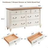 T4TREAM Farmhouse 7 Drawers Dresser Chests for Bedroom with 4 Solid Wood Feet, Tall Wide Wood Country Rustic Chest of Drawers, Storage Dressers for Bedroom, Living Room, Antique White T4TREAM