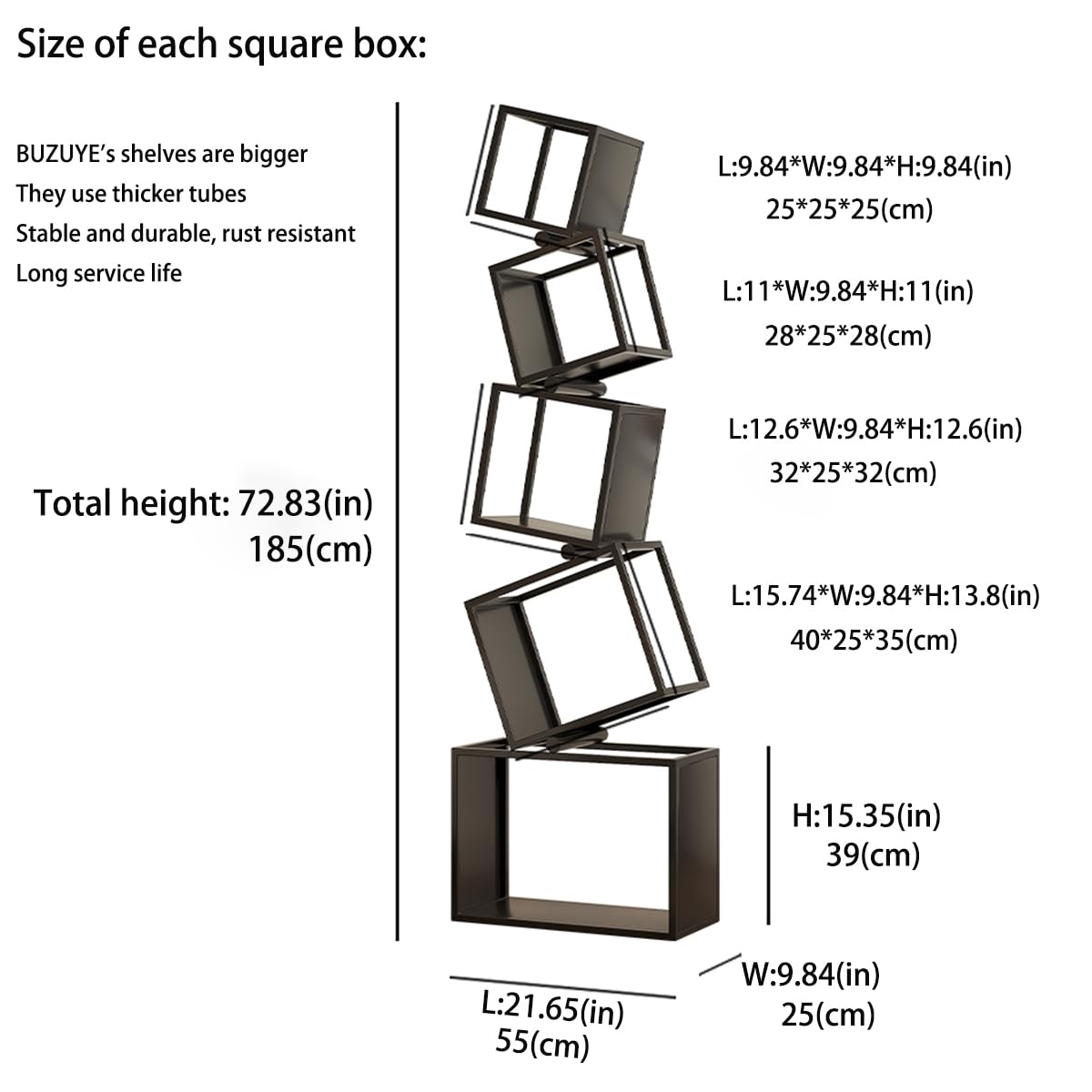BUZUEY Geometric Bookshelf,5-Tier Unique Bookcase,72.8" Tall Black Modern Book Shelf,Corner Storage Shelves for CDs/Books/Home Decor,Vertical Bookshelf Book Tower for Living Room, Bedroom BUZUEY