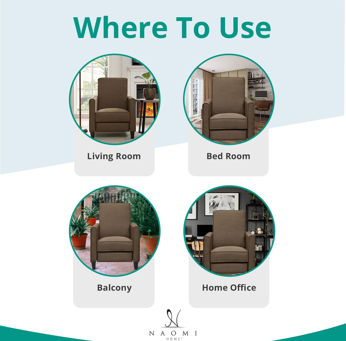 Naomi Home Pushback Recliner Chairs Home Theatre Recliner Small Recliners for Small Spaces with Adjustable Footrest Push Back Theatre Chairs Chocolate Linen Naomi Home