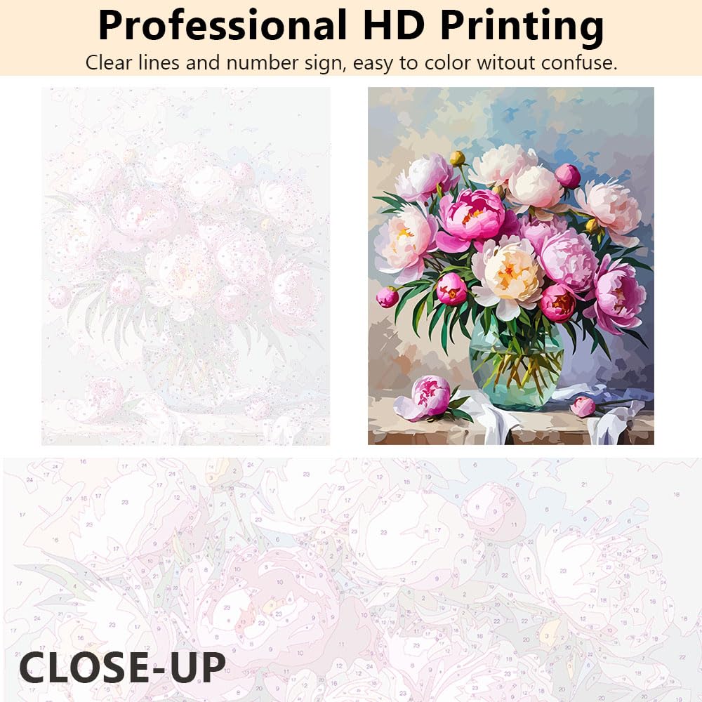 Paint by Numbers Kit for Adults & Adult Paint by Number - Blooming Pink Peonies Botanical Canvas Art, Beginner Floral DIY Painting, Relaxing Arts and Crafts Kit(16x20 Inch) TUMOVO