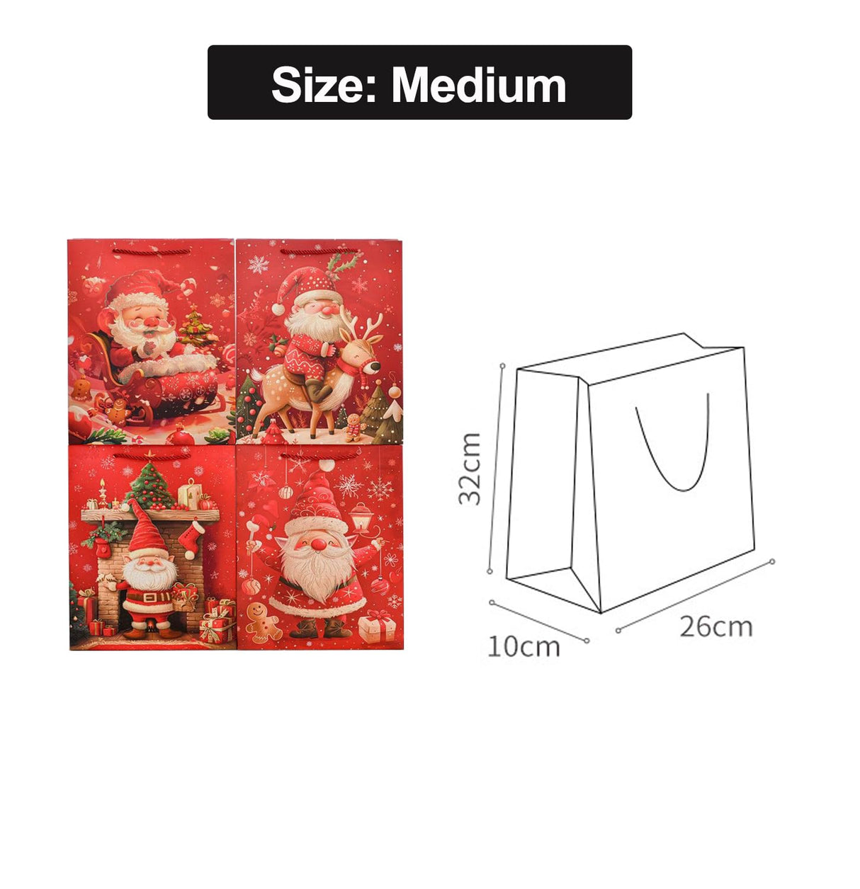 Rusikia 12 Christmas Gift Bags with 12 Tissues and 1 Satin Ribbon, Red Party Favor Bags Bulk with Handles, Glittery Cute Balls Father Christmas Paper Bag for Wrapping Holiday (Medium 10"x4"x12.6") Rusikia