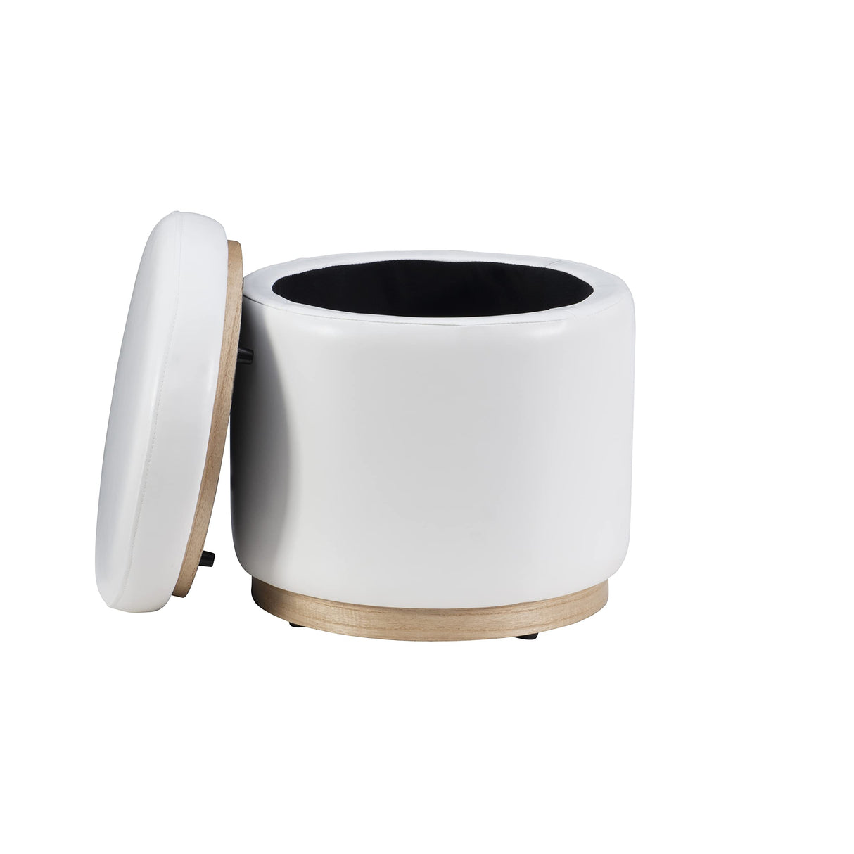 Linon Lexington White Faux Leather Round Storage Ottoman with Wood Accent Linon