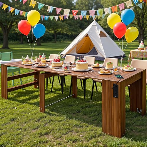 Kikihouse Modern Extendable Dining Table for 2 to 12 People with Outlet, Space Saving Expanding Table with Storage for Party, Weddings, Meetings, Celebrations (Brown) Kikihouse