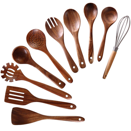 Wooden Spoons for Cooking, 10 Pcs Wooden Utensils for Cooking, NAYAHOSE Natural Teak Wood Spoons, Non-Stick Comfort Grip Kitchen Utensils Set NAYAHOSE