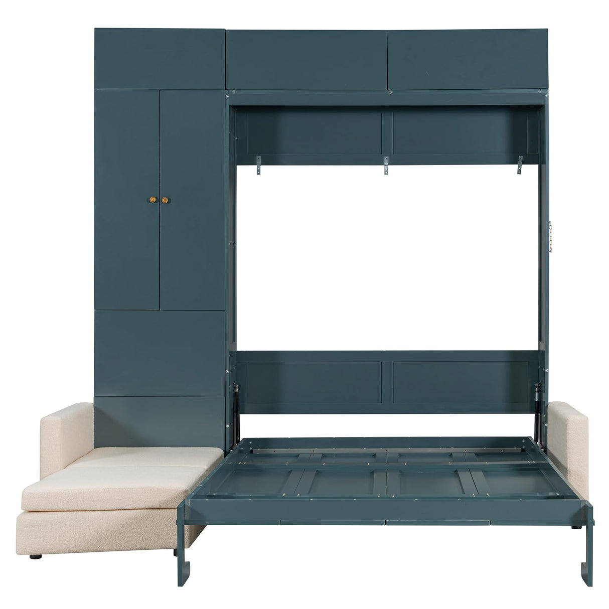 SOFTSEA Queen Size Murphy Cabinet Bed with L-Shaped Sofa, Modern Hidden Folding Wall Bed Frame with Side Cabinets and Top Cabinets, for Home Guest Room, Green SOFTSEA