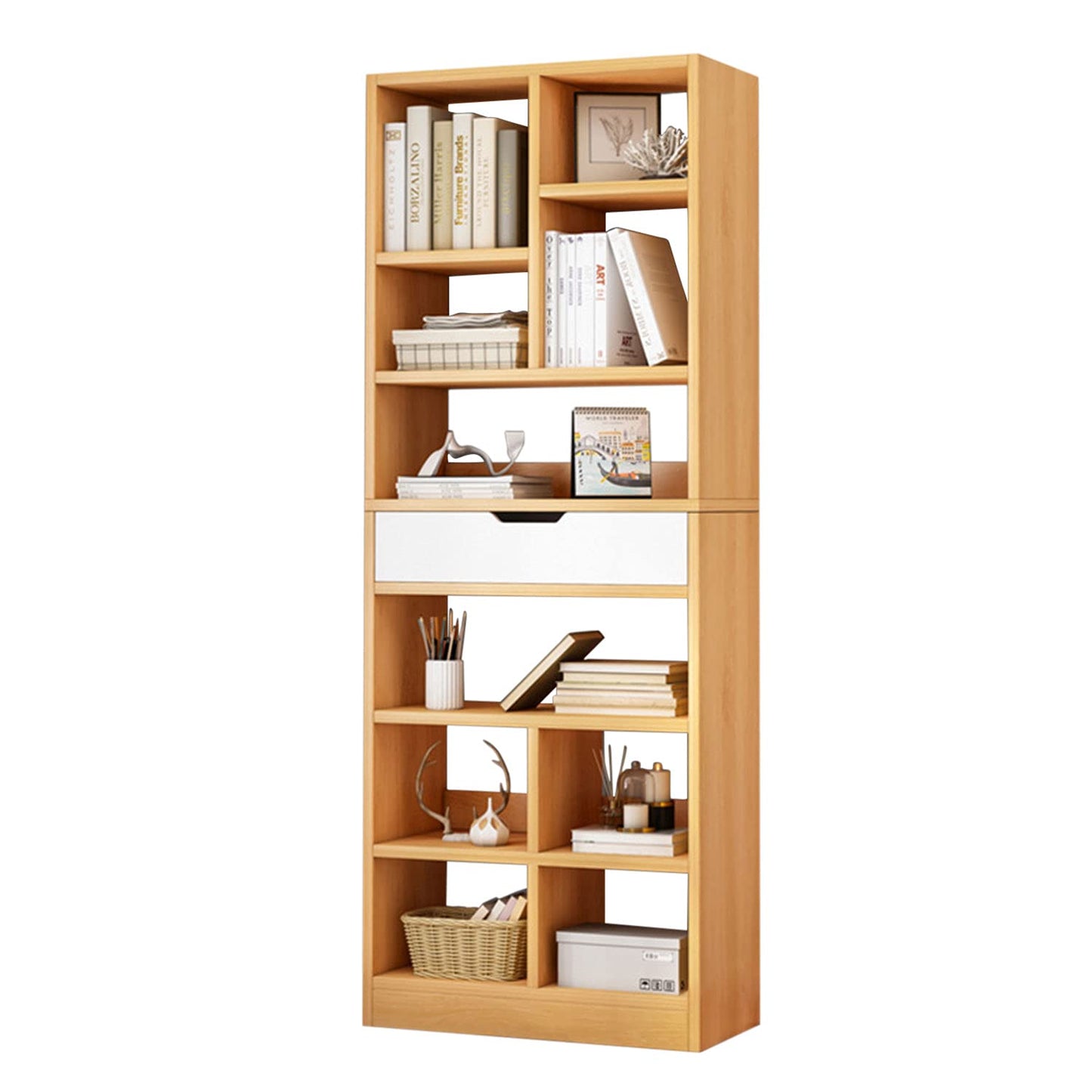 IOTXY 71-Inch Tall Scandinavian Open Shelf Bookcase with 10 Cubes and Drawer in Maple Yellow - WoodArtSupply