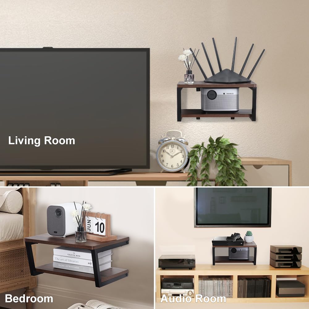 LUCKUP Floating Wall Shelves Wall Mounted Projector Shelf Wood AV Media Stand with 2 Shelves, Entertainment Center with Strengthened Metal Steel Frame LUCKUP