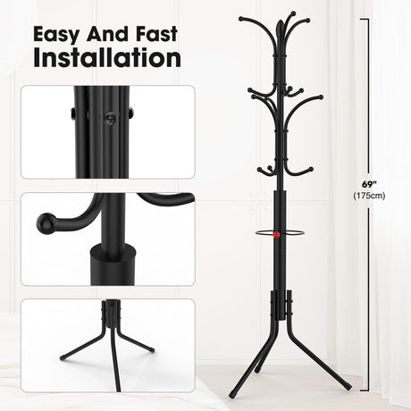 Ulimart Coat Rack Freestanding,12 Hooks Metal Coat Racks with Umbrella Holder,Sturdy Hall Rree,Easy Assembly Coat Rack Stand for Hanging Scarf,Purse,Hats,Jacket(Black) Ulimart