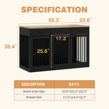 PIAOMTIEE 55.3" Extra Large Dog Crate Furniture, Indoor Heavy Duty Dog Kennel House with 3 Drawers, Modern Furniture Dog Crate Side End Table TV Stand for XL Large Medium Breed Dogs, Black PIAOMTIEE