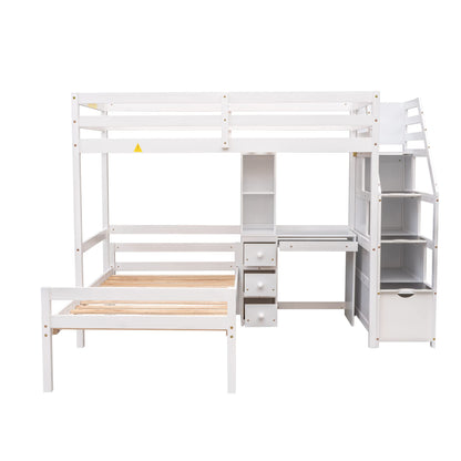 Harper & Bright Designs White Twin over Twin Bunk Bed with Stairs, Desk, and Storage for Kids and Teens