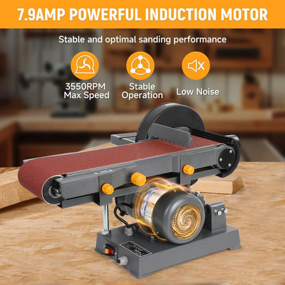 Hoteche 7.9-Amp 6-Inch x 48-Inch Belt and 9-Inch Disc Sander, 1-HP Power Combination Sander with Open Stand, Heavy-Duty Benchtop Sander for Woodworking and Metal, Dust Collection System - WoodArtSupply