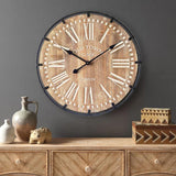 MODE HOME Large Farmhouse Wall Clock, 24 Inch Rustic Wooden Wall Clock Decorative with Metal Circle and Engraved Numerals, Silent Battery Operated for Kitchen Bedroom Living Room Fireplace Mantel MODE HOME