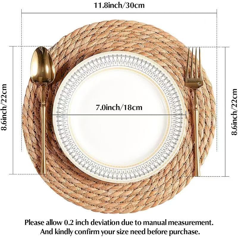 6Pcs 12" Round Woven Rattan Placemats,Natural Hand-Woven Water Hyacinth Placemats,Farmhouse Weave Place Mats,Rustic Braided Wicker Table Mats (12inch Set of 6) PPB2K