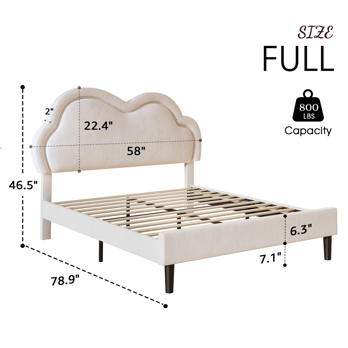 Jocisland LED Bed Frame Full Size Velvet Upholstered Platform Bed with Adjustable Cloud Headboard, No Box Spring Needed, Easy Assembly, Cream Jocisland