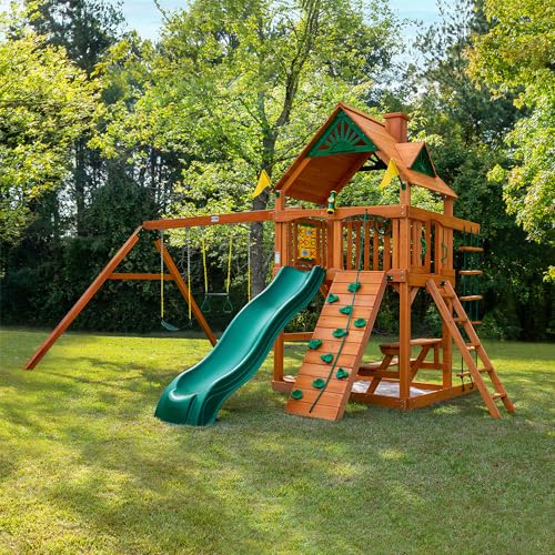 Gorilla Playsets 01-0003-AP Chateau Swing Set with Wood Roof, Wave Slide, and Rock Wall, Amber