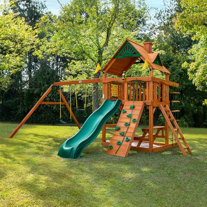 Gorilla Playsets 01-0003-AP Chateau Swing Set with Wood Roof, Wave Slide, and Rock Wall, Amber