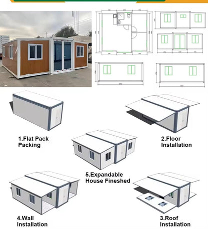 Weatherproof, Wind Resistant, Anti-Corrosion Tiny Expandable Prefab House to Live in 1 Bathroom, 3 Bedrooms & 1 Kitchen- for Small Family, Modular Guest House – 20 FT 3 in 1 Tiny Backyard House