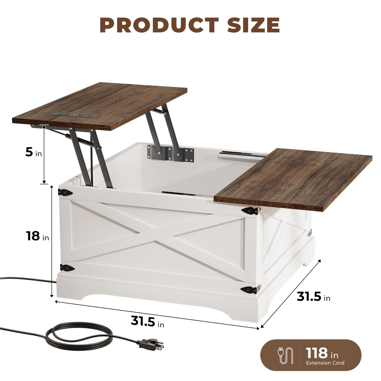 BROTTAR Lift Top Coffee Table with Storage, Square Coffee Table for Living Room with Wireless Charging, Farmhouse Coffee Table with Large Hidden Storage, White, 31.5" BROTTAR