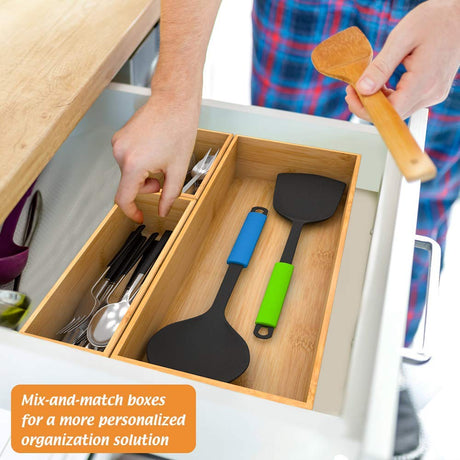 Bamboo Drawer Organizer Utensil Holder for Kitchen, Small Wood Silverware Storage Organizer, Stackable Box Tray for Cutlery, Flatware, Bathroom Caddy for Makeup, Perfume, Jewelry, 6x3x2.5 Inch Bambloom