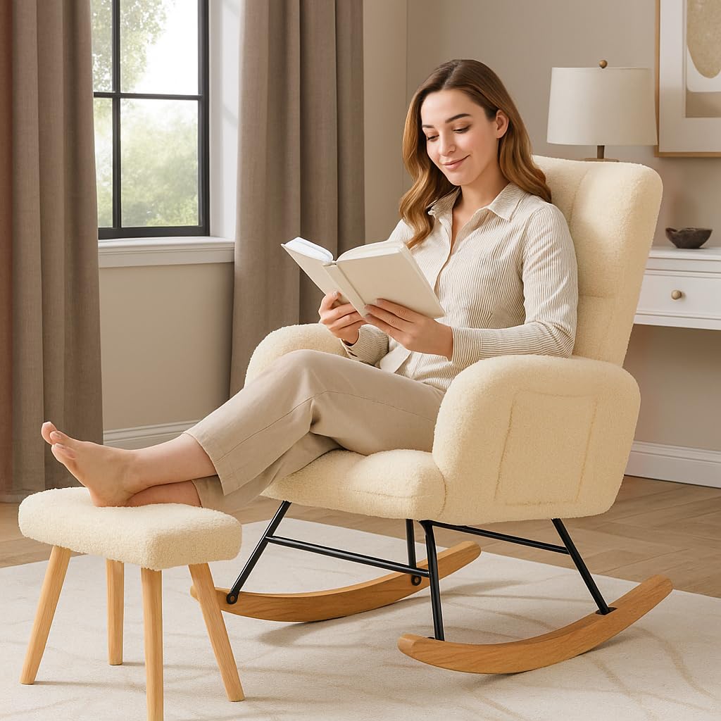 COMHOMA Nursery Rocking Chair with Ottoman, Teddy Glider Rocking Chair, Accent Chair with High Backrest Reading Chair for Adult, Nursery, Bedroom, Living Room, Offices (Beige with Ottoman) COMHOMA
