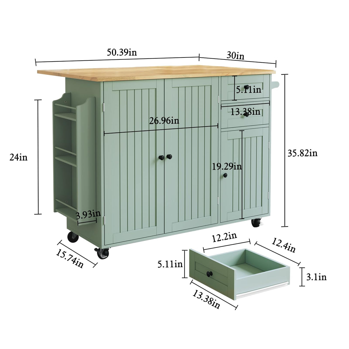 HLR Kitchen Island with Storage, Sage Green Rolling Kitchen Cart on Wheels with Drop-Leaf Bar Countertop, Islands Prep Table with Side Open Spice Rack and Tower Rack, Extra Storage for Kitchen HLR