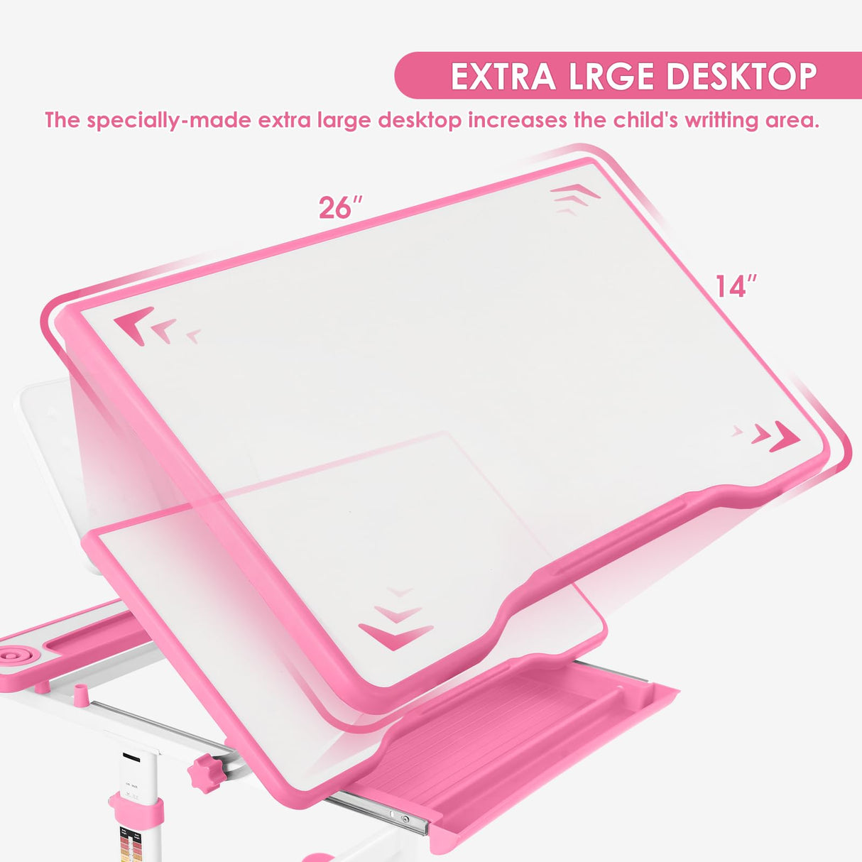 Artist hand Kids Study Table and Chair Set,Adjustable Girls School Writing Study Table,with Large Writing Board LED Pull Out Drawer Pencil Case Bookstand,Pink Artist hand